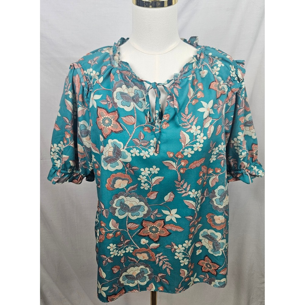 Melloday Teal Floral Puff Sleeve Tie Neck Blouse Large Spring‎ Coquette